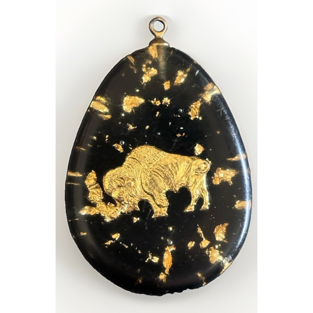 Vintage Gold Flake Buffalo Black Pendant Clear Lucite Bubble 1" x 1.5" Teardrop
